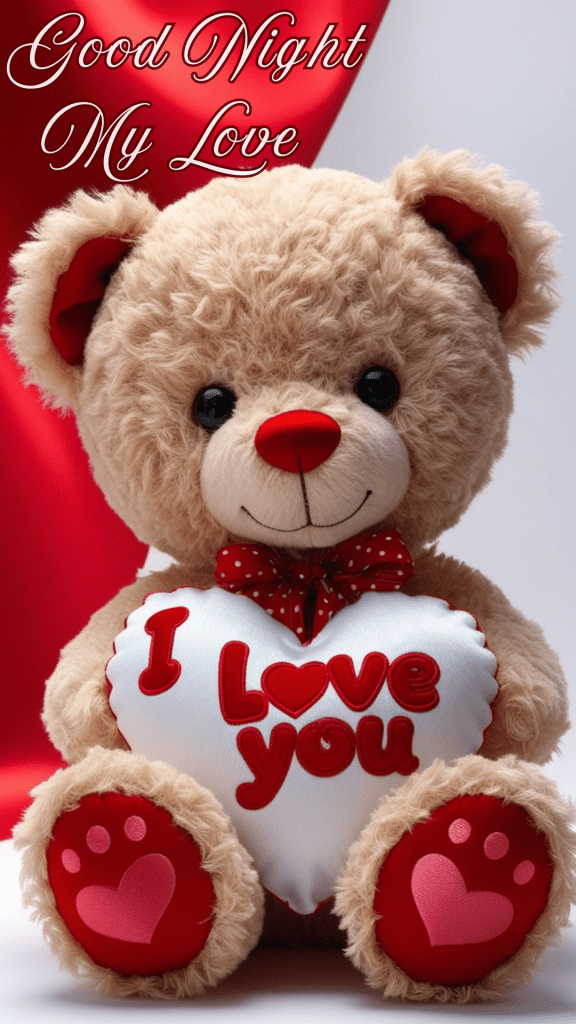 Very cute romantic good night image of an adorable beige colour teddy bear accessorized with a red bowtie holding a heart-shaped cushion that says I Love You. 