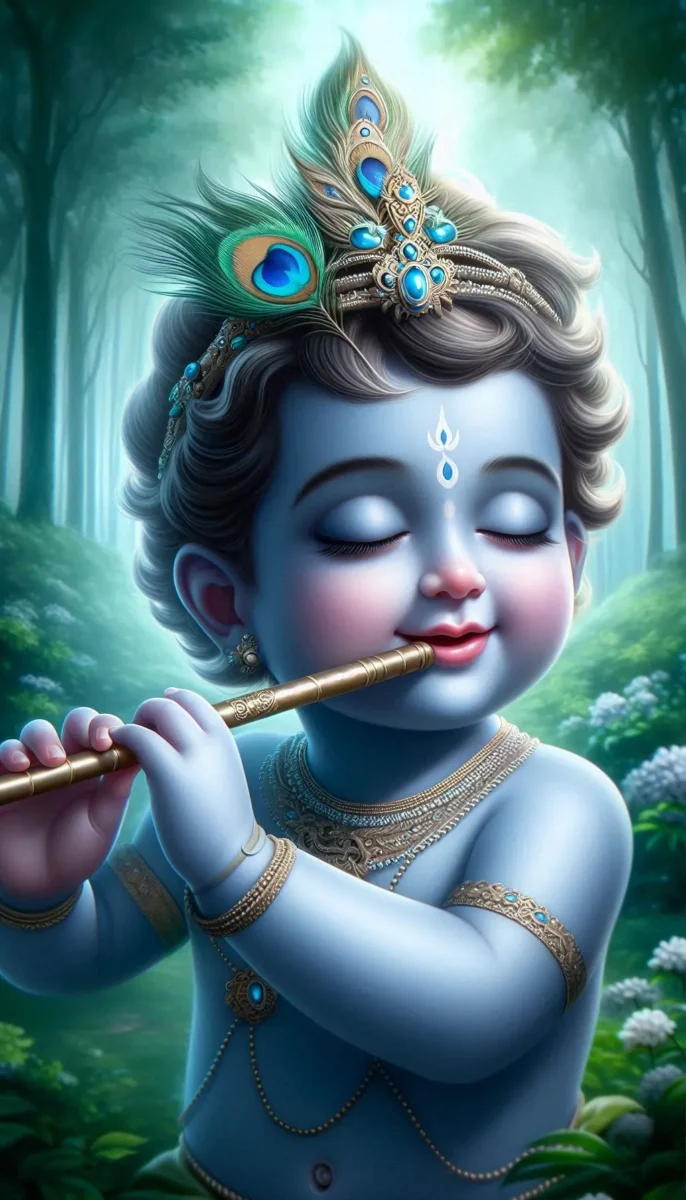 iphone krishna wallpaper -Cute little krishna playing flute in green forest.