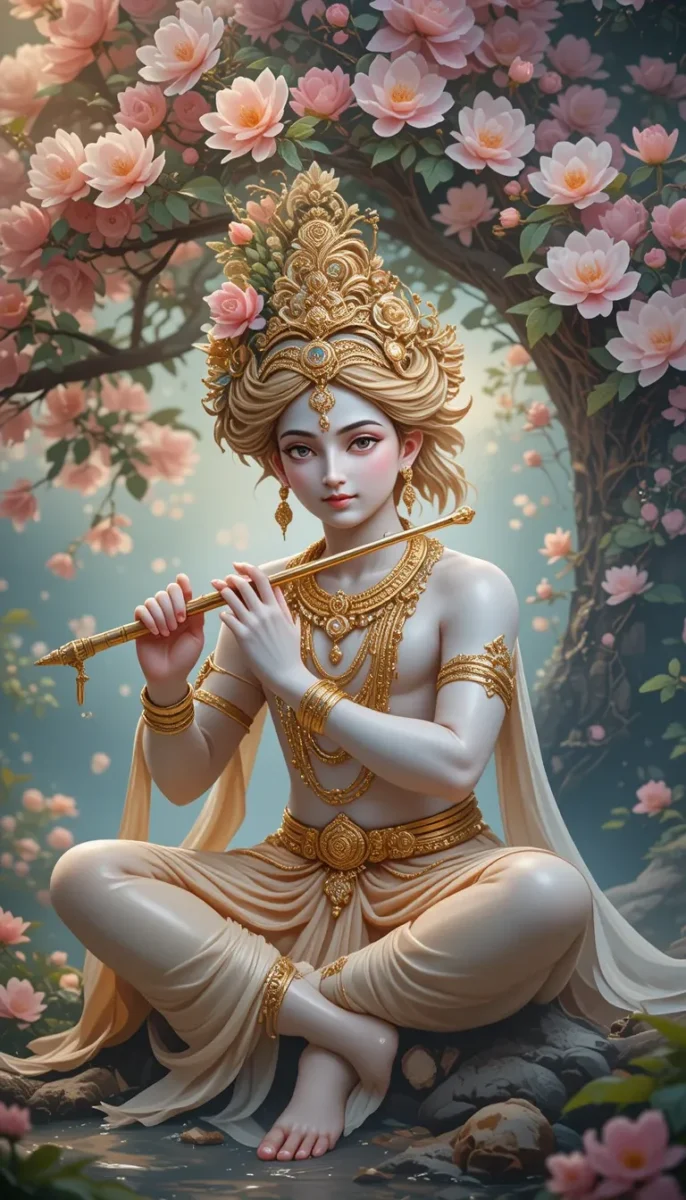 iphone krishna wallpaper -Krishna sitting under the tree, playing flute. He is wearing cream color dhoti.