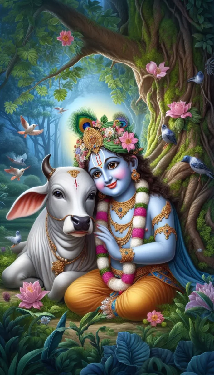 iphone krishna wallpaper - Lord Krishna is sitting under the tree in a green forest along with a cow.