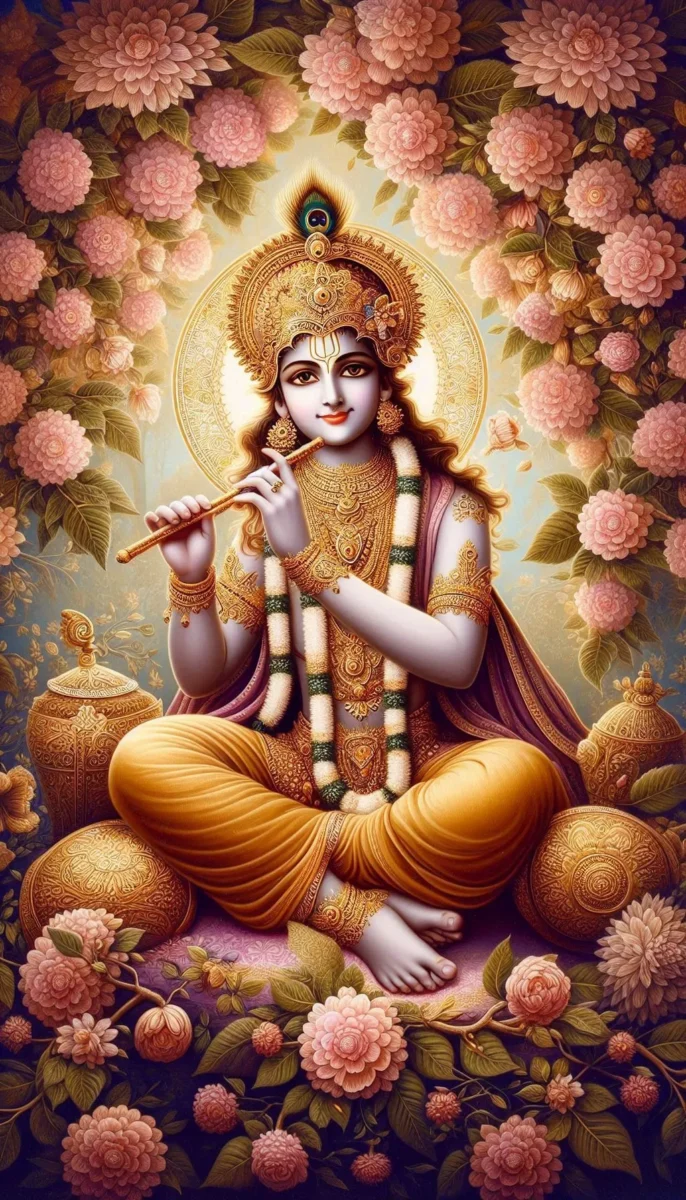 iphone krishna wallpaper -Lord krishna adorned with peacock feather gold crown. Pink flowers are blooming around him.