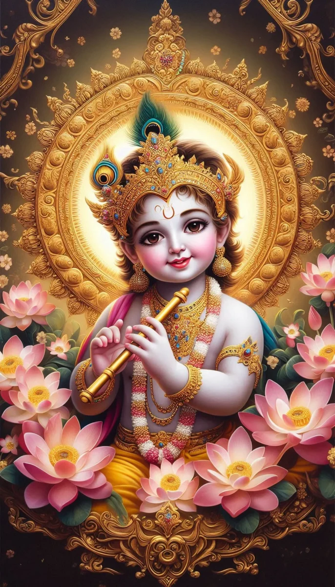 iphone krishna wallpaper -Young krishna playing flute. He is surrounded by pink lotuses.