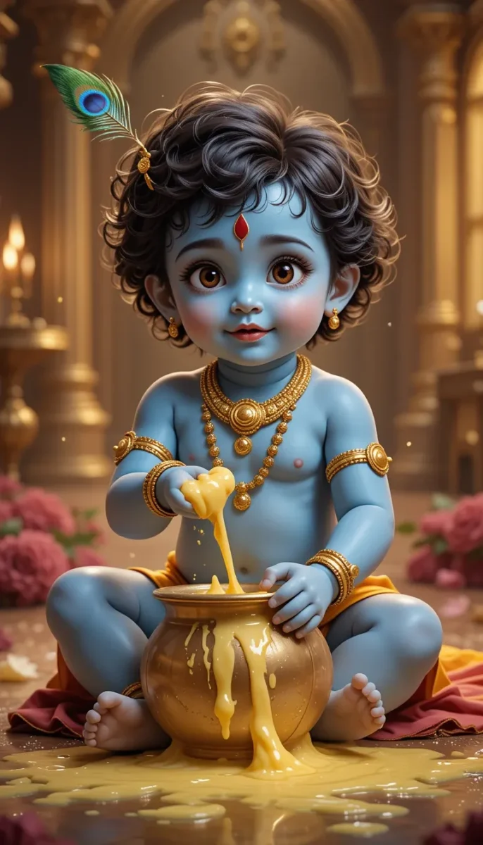 iphone krishna wallpaper -Young krishna sitting and playing with makhan pot