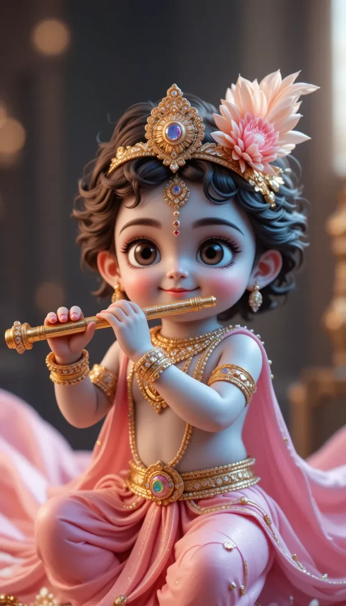 iphone krishna wallpaper -Young krishna sitting, wearing pink dhoti & playing flute.