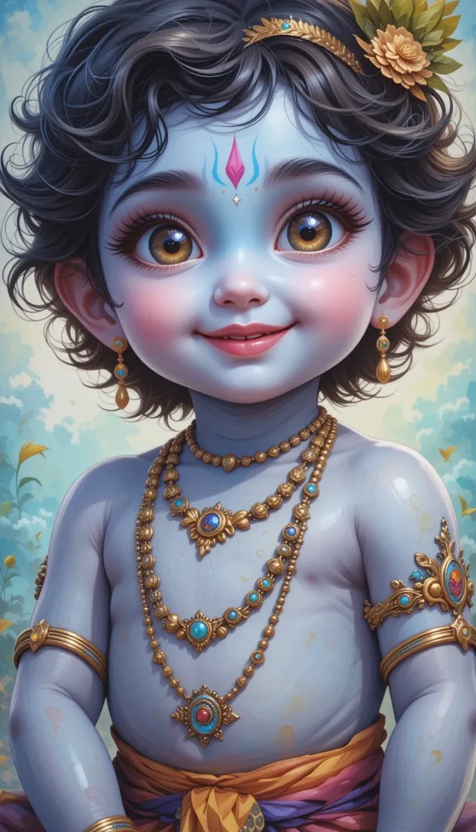 iphone krishna wallpaper - Young krishna  with beautiful eyes and smile. he is adorned with gold ornaments.