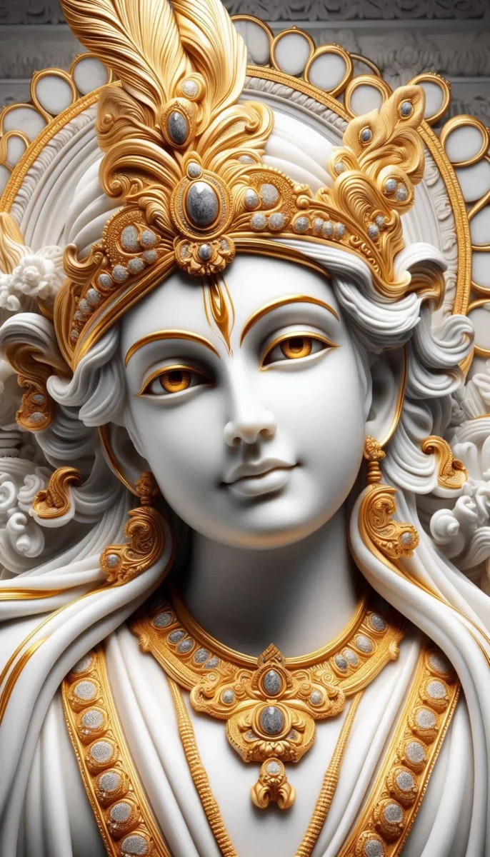 iphone krishna wallpaper -beautiful white statue of Lord Krishna wearing gold ornaments.