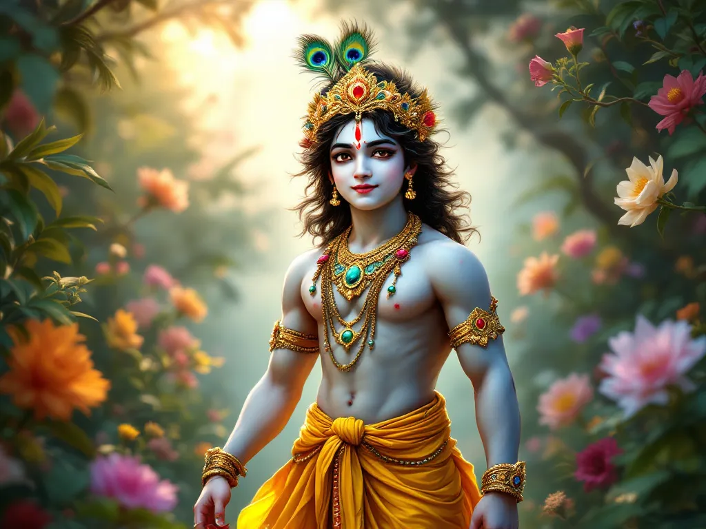 iphone krishna wallpaper -krishna standing in garden full of flowers.