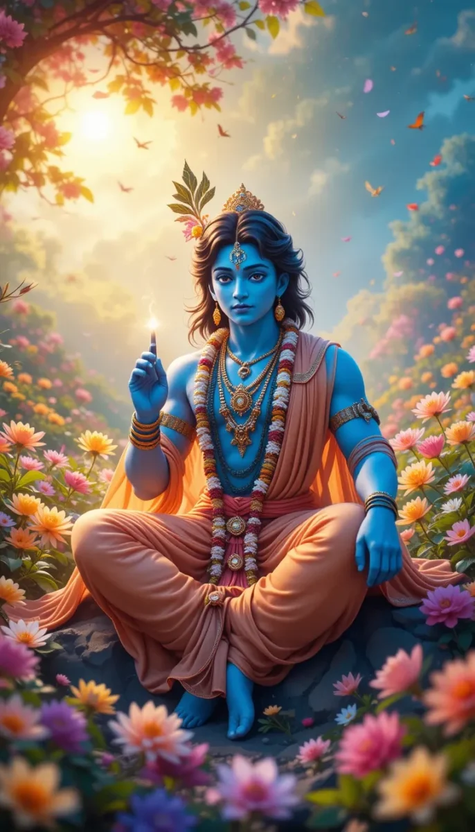 iphone krishna wallpaper - lord Krishna sitting on the rock in the field covered with different types of flowers