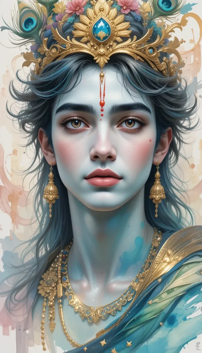 iphone krishna wallpaper - lord krishna adorned with gold ornaments and peacock feather crown