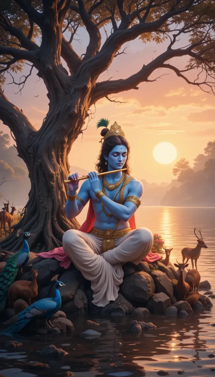 iphone krishna wallpaper - lord krishna sitting on the bank of river under the tree, playing the flute