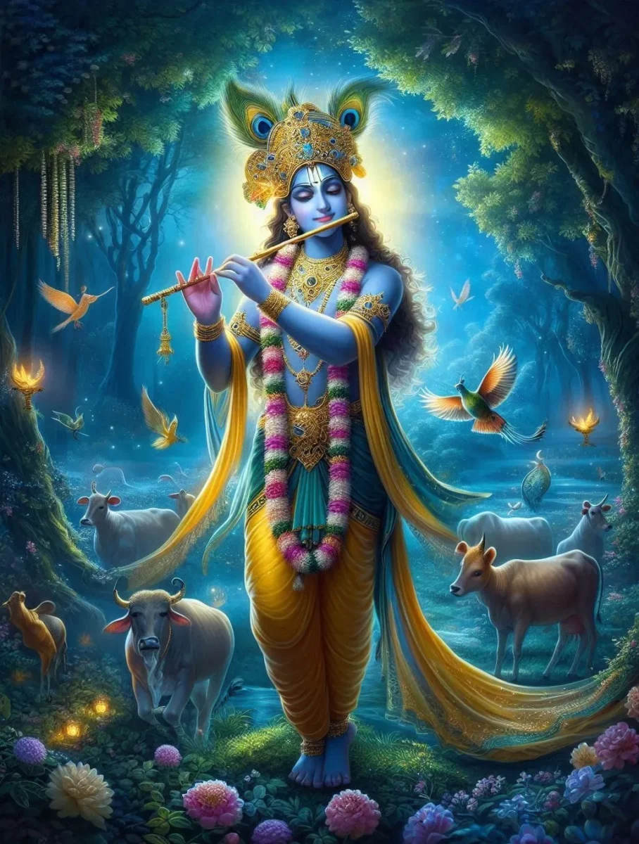 iphone krishna wallpaper - lord krishna wearing flower garland, playing flute in jungle. birds, animals and flowers are attracted towards krishna