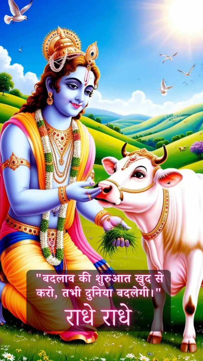 krishna wallpaper HD download - Krishna lovingly feeding a pure white cow in the green fields