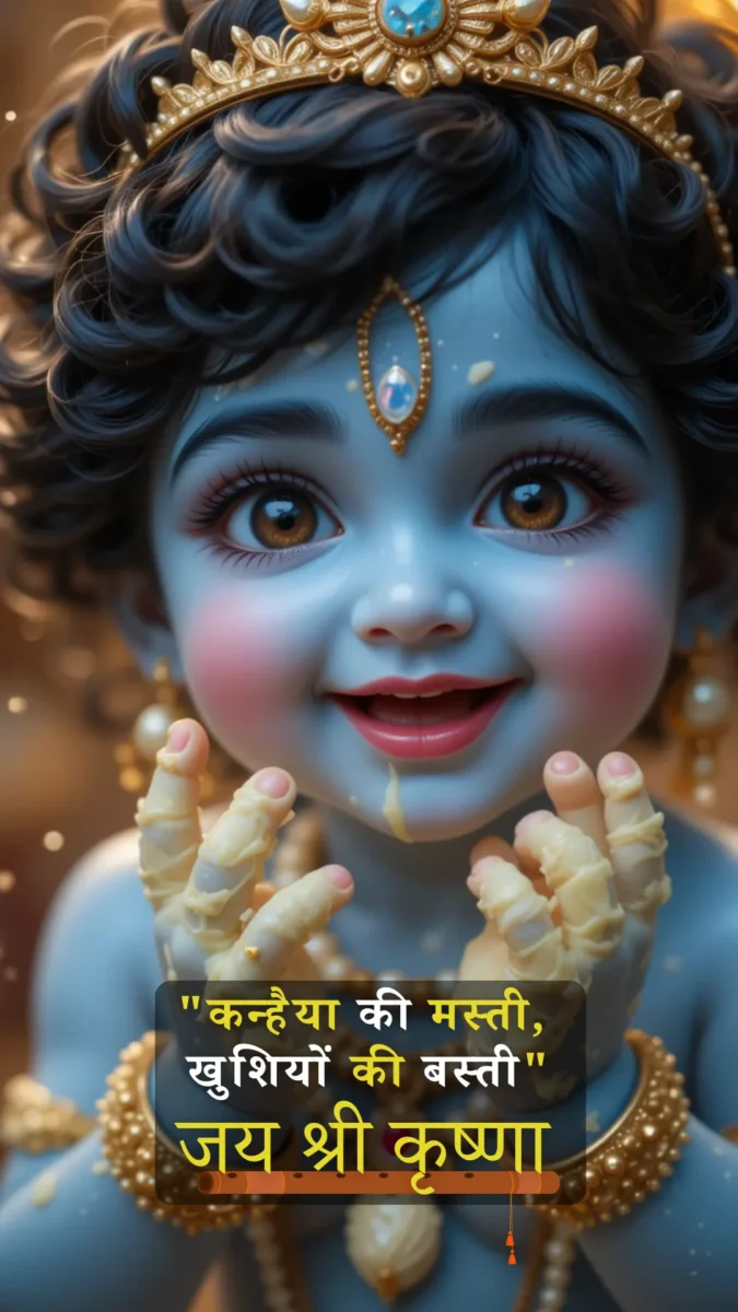 krishna wallpaper HD download - cute little krishna with big eyes and charismatic smile, his hands are covered with butter