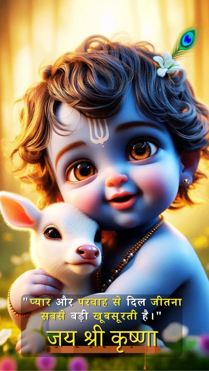 krishna wallpaper HD download - cute little krishna with big eyes is playing with small calf