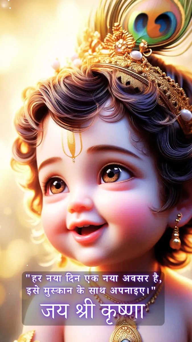 krishna wallpaper HD download - cute little krishna with big eyes, smiling face adorned with peacock feather  gold crown