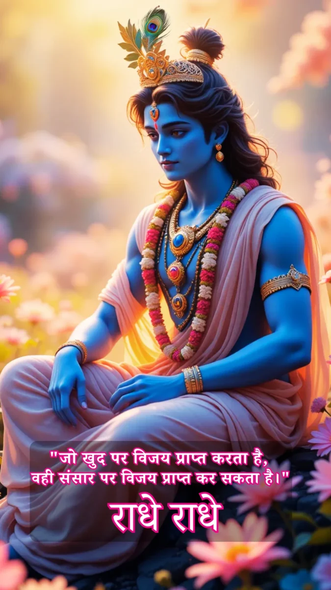 krishna wallpaper HD download - krishna sitting on the rock in the field, flowers are blooming around him