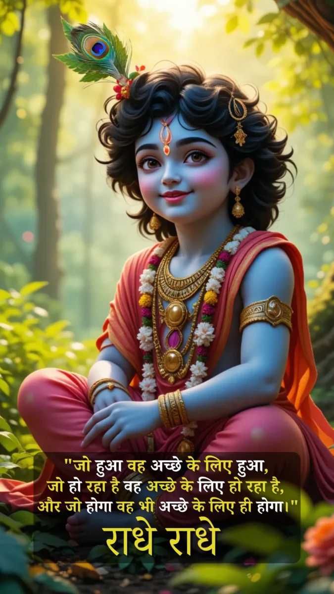 krishna wallpaper HD download - lord krishna sitting in between the green forest with smiling face, he is wearing pink color dhoti