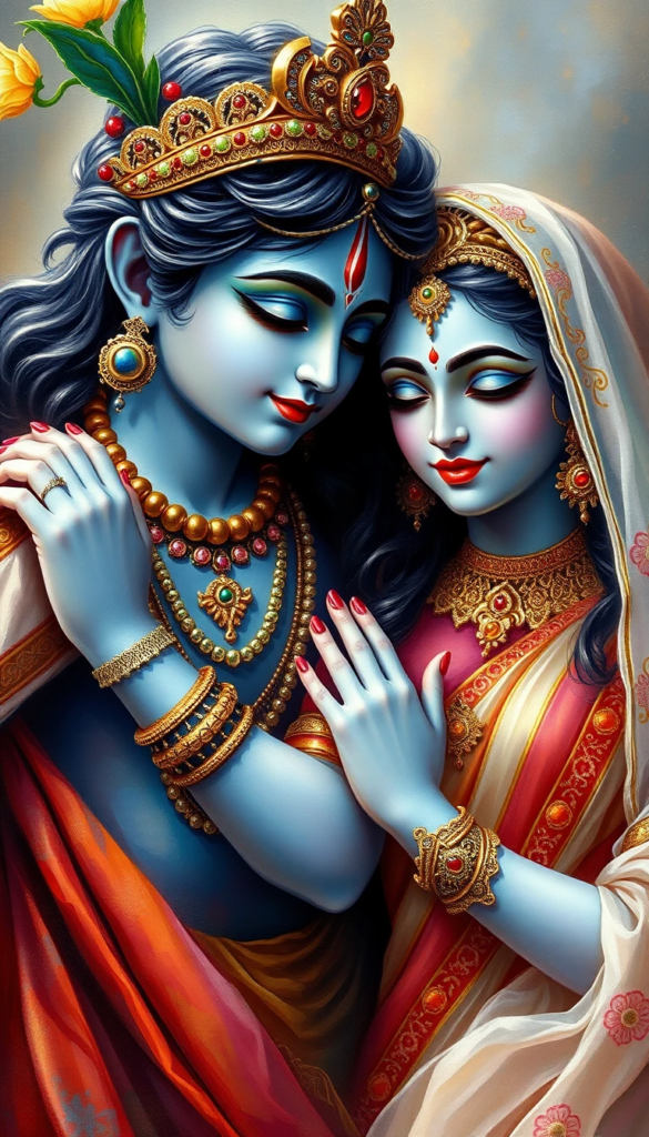 lord radha krishna wallpaper -Lord radha krishna in serene pose holding each other. Radha wearing red and peach saree.