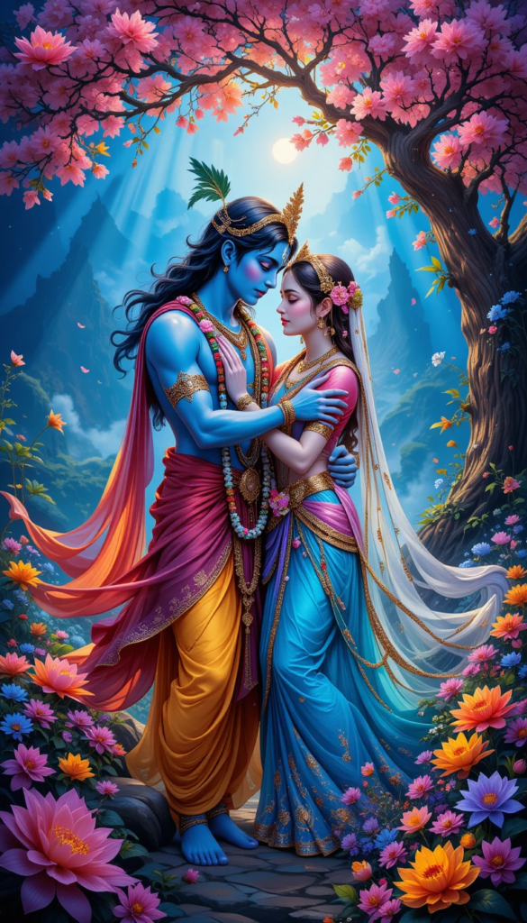 lord radha krishna wallpaper -Lord radha krishna standing in full moon night, holding each other. Pink flowers are blooming around them.
