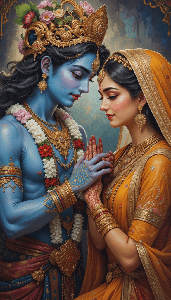 lord radha krishna wallpaper - lord radha krishna holding each other's hand. radha wearing yellow saree.