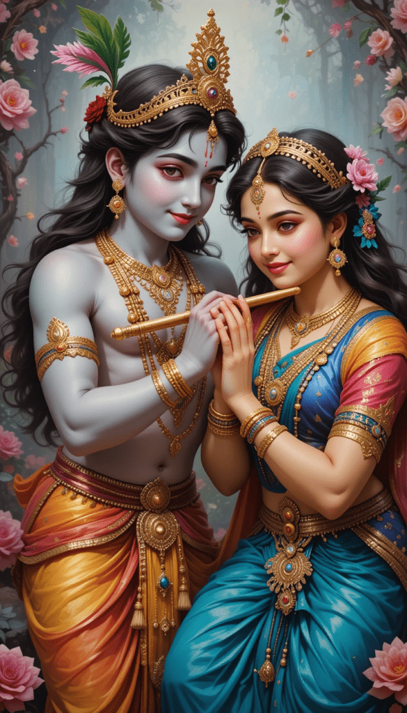 lord radha krishna wallpaper - lord radha krishna holding flute together. krishna wearing yellow dhoti and radha wearing blue dress.