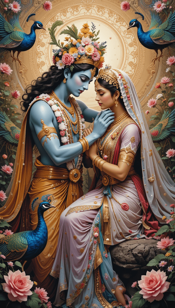 lord radha krishna wallpaper - lord radha krishna showcasing their love to each other, radha wearing pink saree.