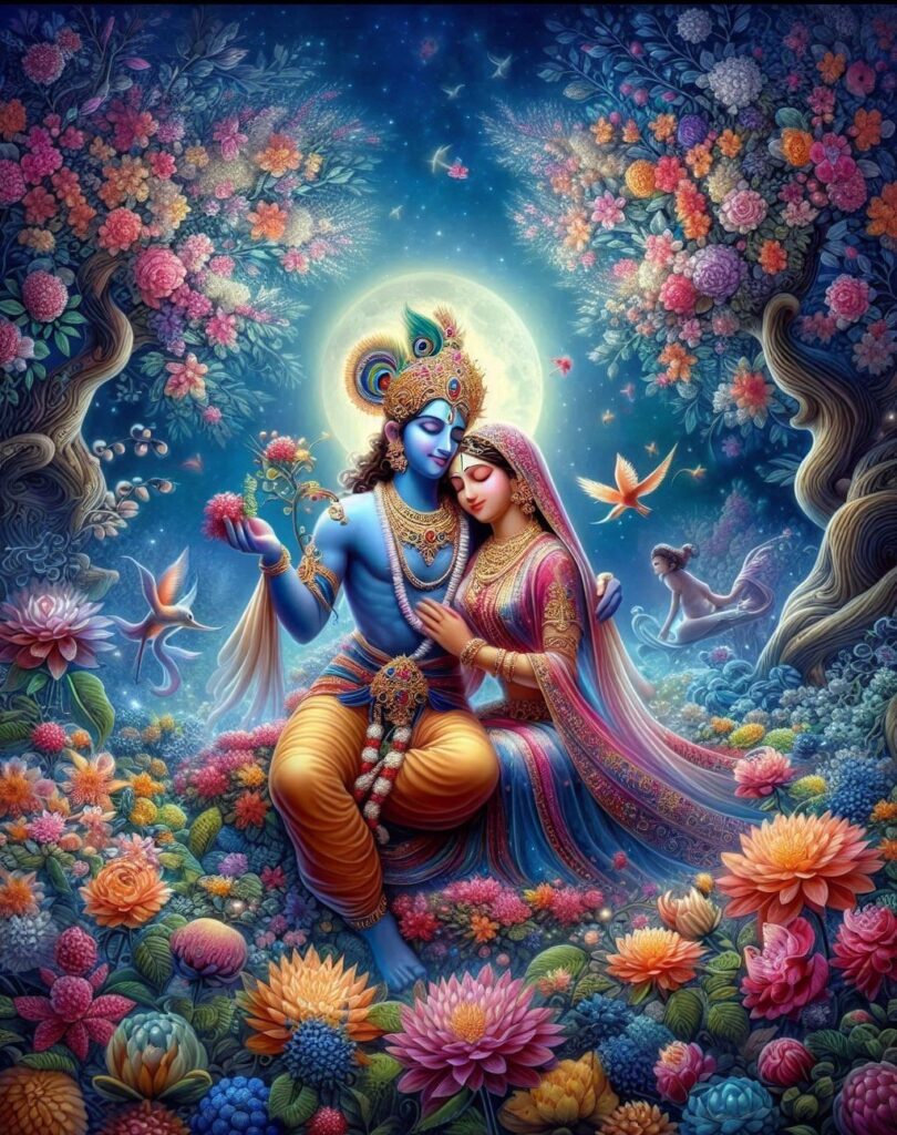 lord radha krishna wallpaper - Lord radha Krishna sitting in flower garden showcasing their divine love. Multi color flowers are blooming around them.