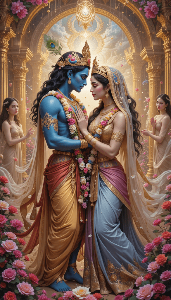 lord radha krishna wallpaper - lord radha krishna standing in flower garden. radha wearing pink and purple saree.
