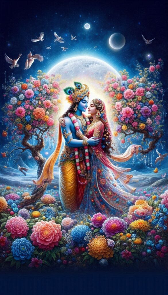 lord radha krishna wallpaper - Lord Radha Krishna standing together in full moon night. Flowers are blooming around them.