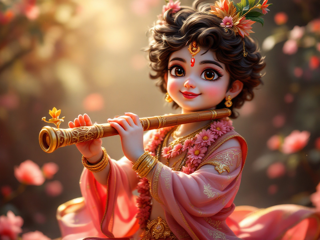 lord radha krishna wallpaper - Cute Young krishna  wearing pink dress and playing flute,