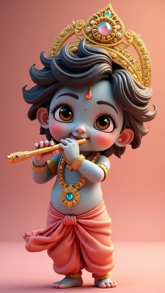 lord radha krishna wallpaper - Cute Young krishna with big eyes standing and playing flute.