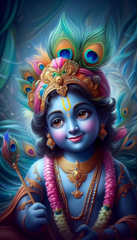 lord radha krishna wallpaper - Cute little krishna adorned with peacock feather crown. He is holding flute.