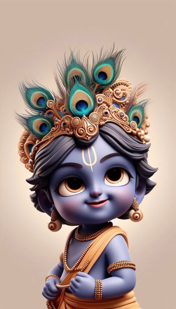lord radha krishna wallpaper - Cute little krishna adorned with peacock feather crown. He is wearing yellow color dhoti.