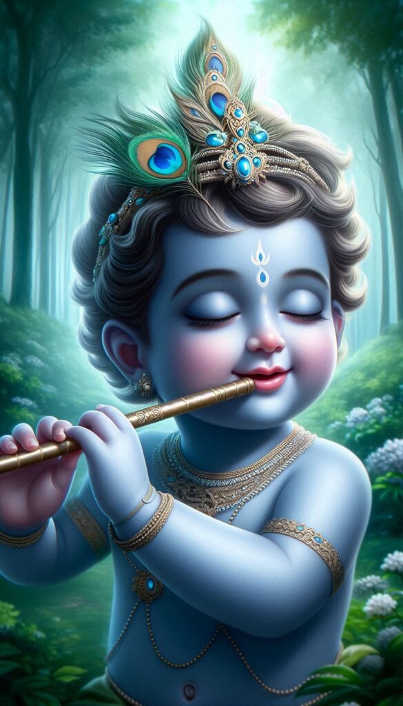 lord radha krishna wallpaper - Cute little krishna playing flute in green forest.