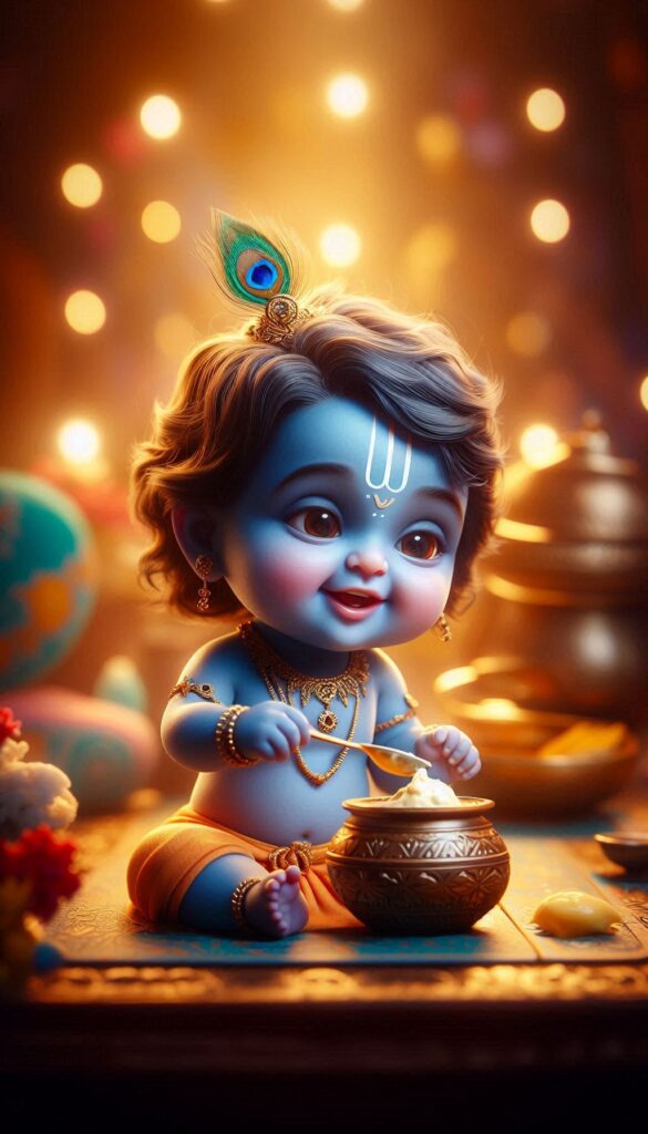 lord radha krishna wallpaper - Cute little krishna sitting and eating Makhan.