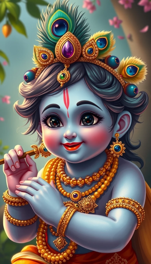 lord radha krishna wallpaper - Krishna adorned with gold ornaments and peacock feather crown.