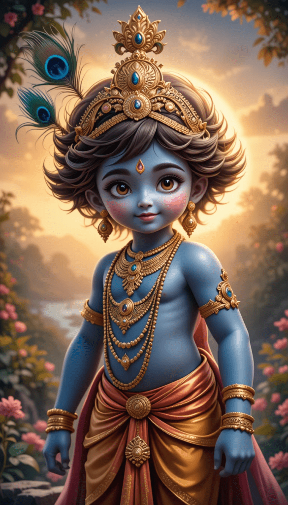 lord radha krishna wallpaper - Krishna adorned with peacock feather crown. he is wearing yellow dhoti.