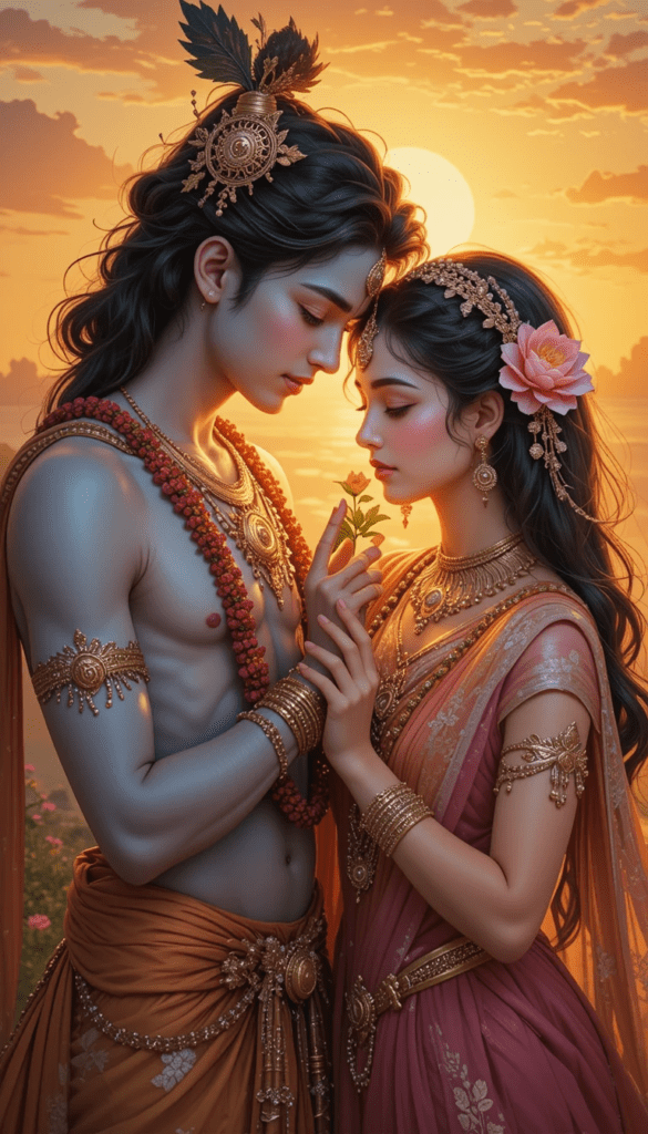 lord radha krishna wallpaper - Krishna giving flower to radha. radha wearing pink dress.