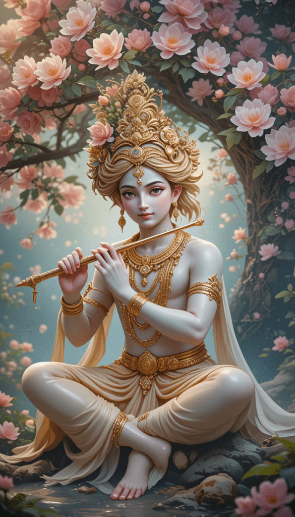 lord radha krishna wallpaper - Krishna sitting under the tree, playing flute. He is wearing cream color dhoti.