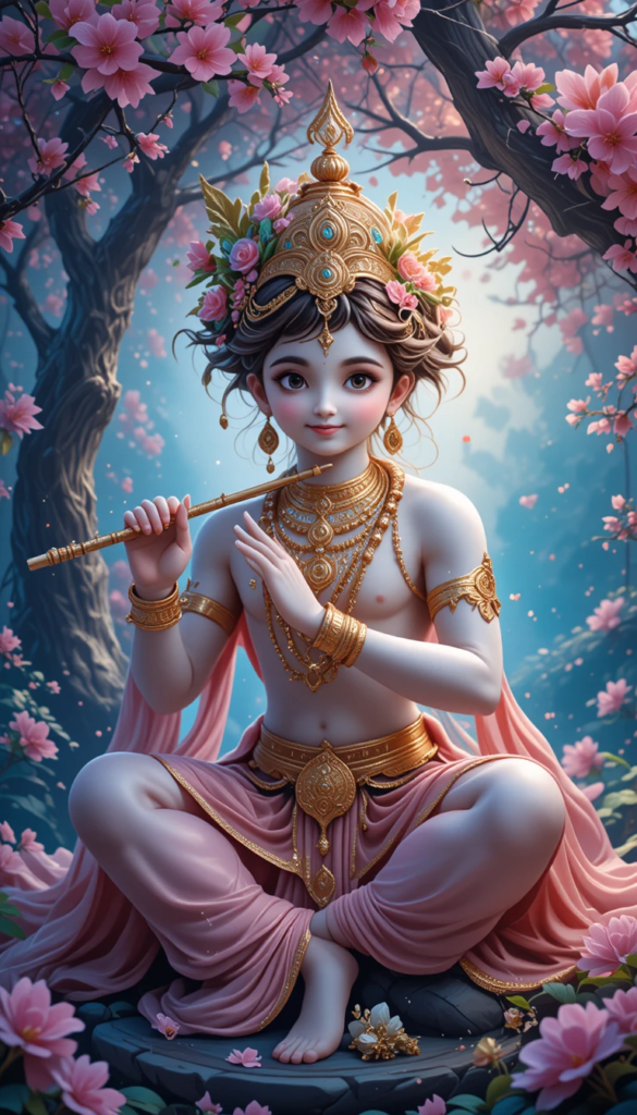 lord radha krishna wallpaper - Krishna sitting under the tree, playing flute. He is wearing pink color dhoti.