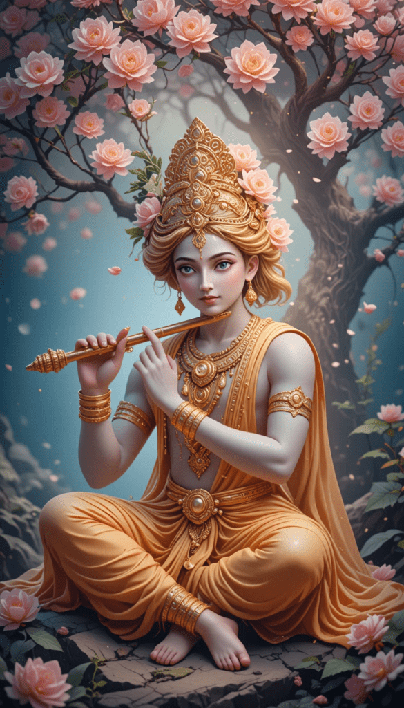 lord radha krishna wallpaper - Krishna sitting under the tree, playing flute. He is wearing yellow color dhoti.