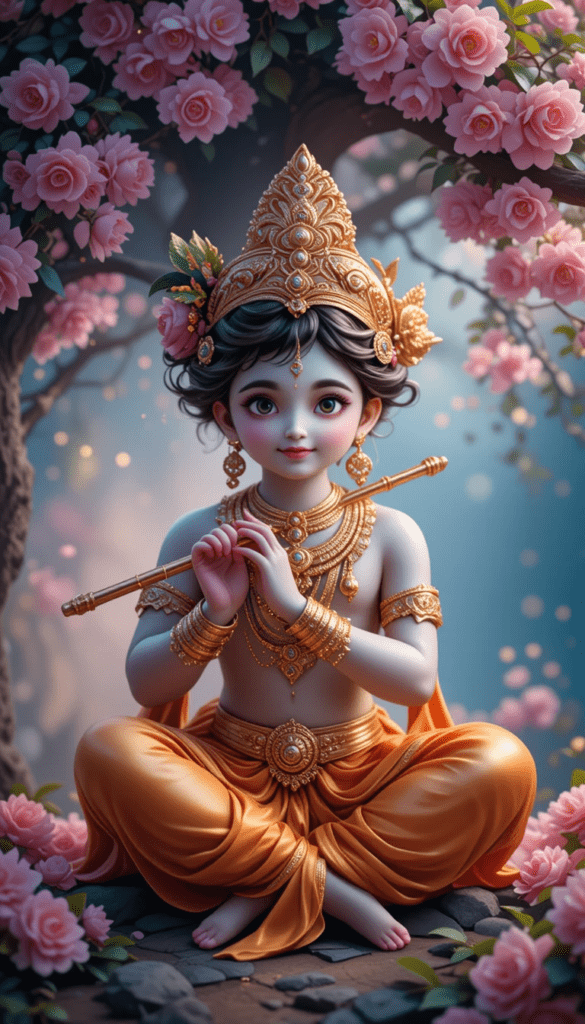 lord radha krishna wallpaper - Krishna sitting under the tree, playing flute. Pink flowers are blooming around them.