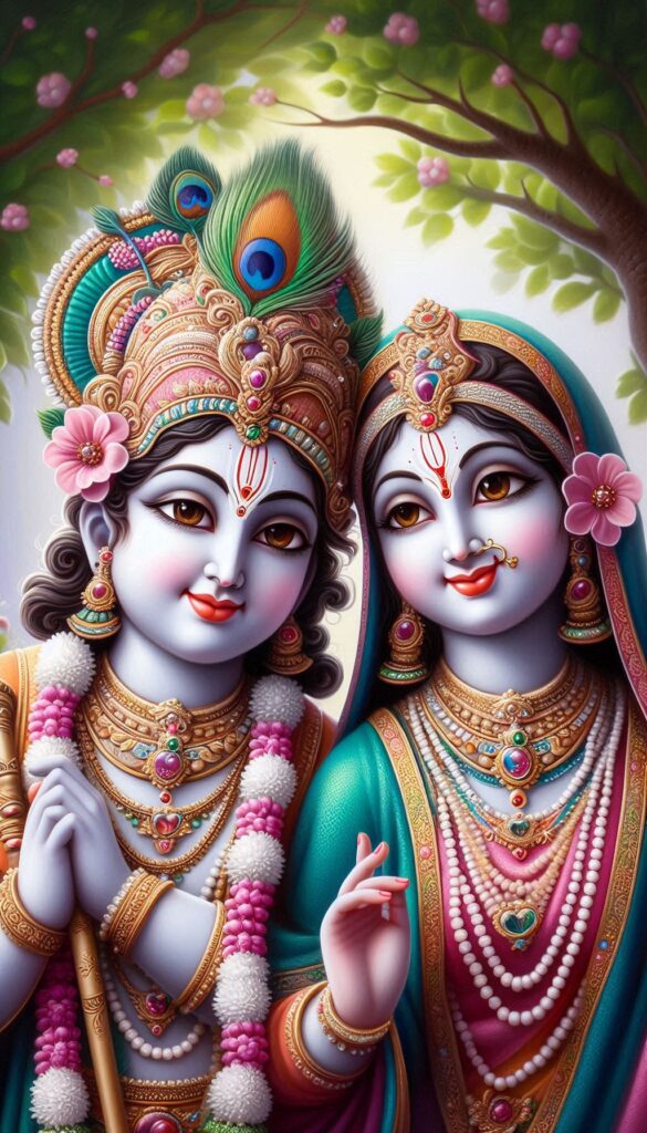 lord radha krishna wallpaper - Lord Krishna adorned with golden crown and flower garland. Radha wearing blue dress.