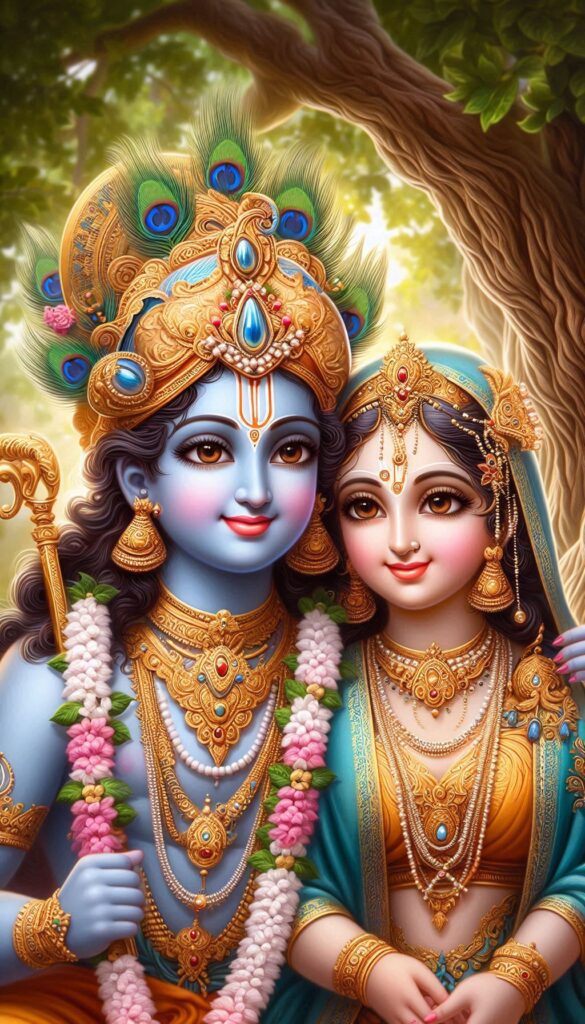 lord radha krishna wallpaper - Lord Radha Krishna are adorned with golden crown. Krishna holding flute.
