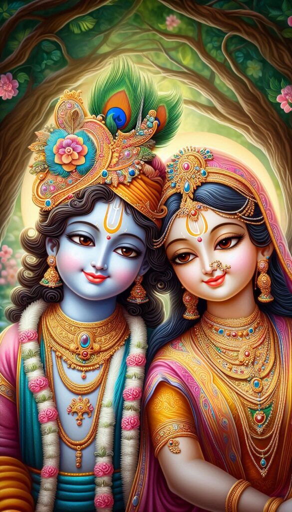 lord radha krishna wallpaper - Lord Radha Krishna are adorned with golden crown. Radha wearing pink and yellow saree.