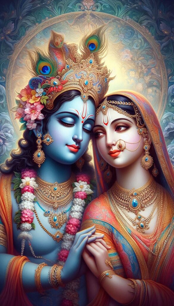 lord radha krishna wallpaper - Lord Radha Krishna are are in serene pose showcasing their divine love. Radha wearing orange dress.