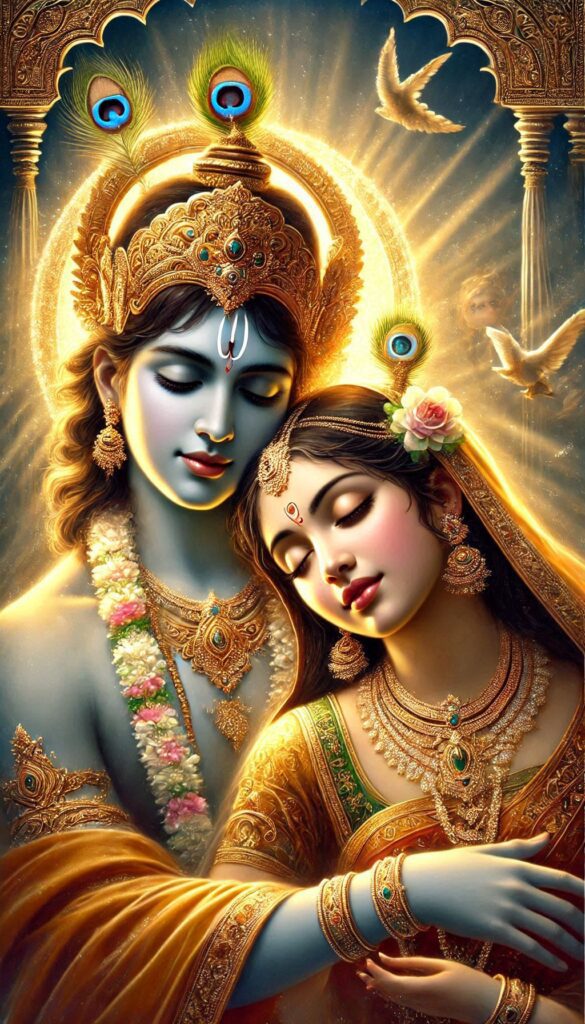 lord radha krishna wallpaper - Lord Radha Krishna are in a serene pose showcasing their divine love. Both are wearing yellow color clothes.