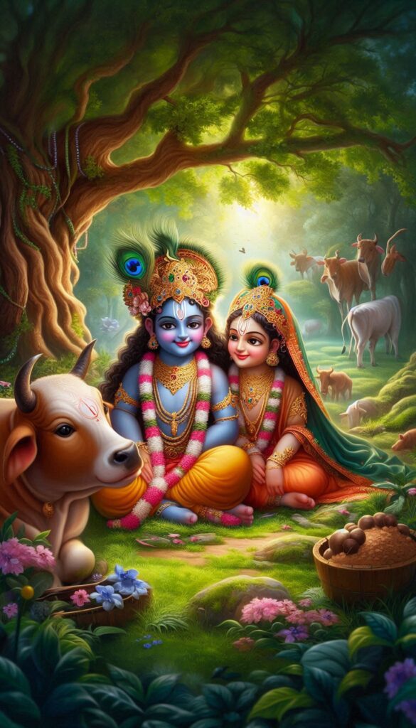 lord radha krishna wallpaper - Lord Radha Krishna are sitting in a green forest along with a cow.