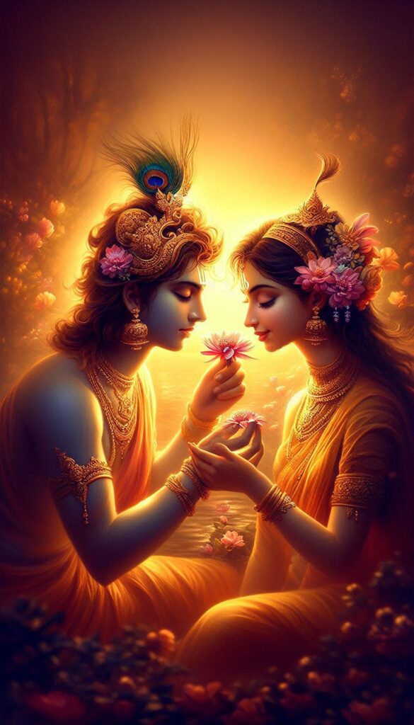 lord radha krishna wallpaper -Lord krishna is giving a pink flower to radha.