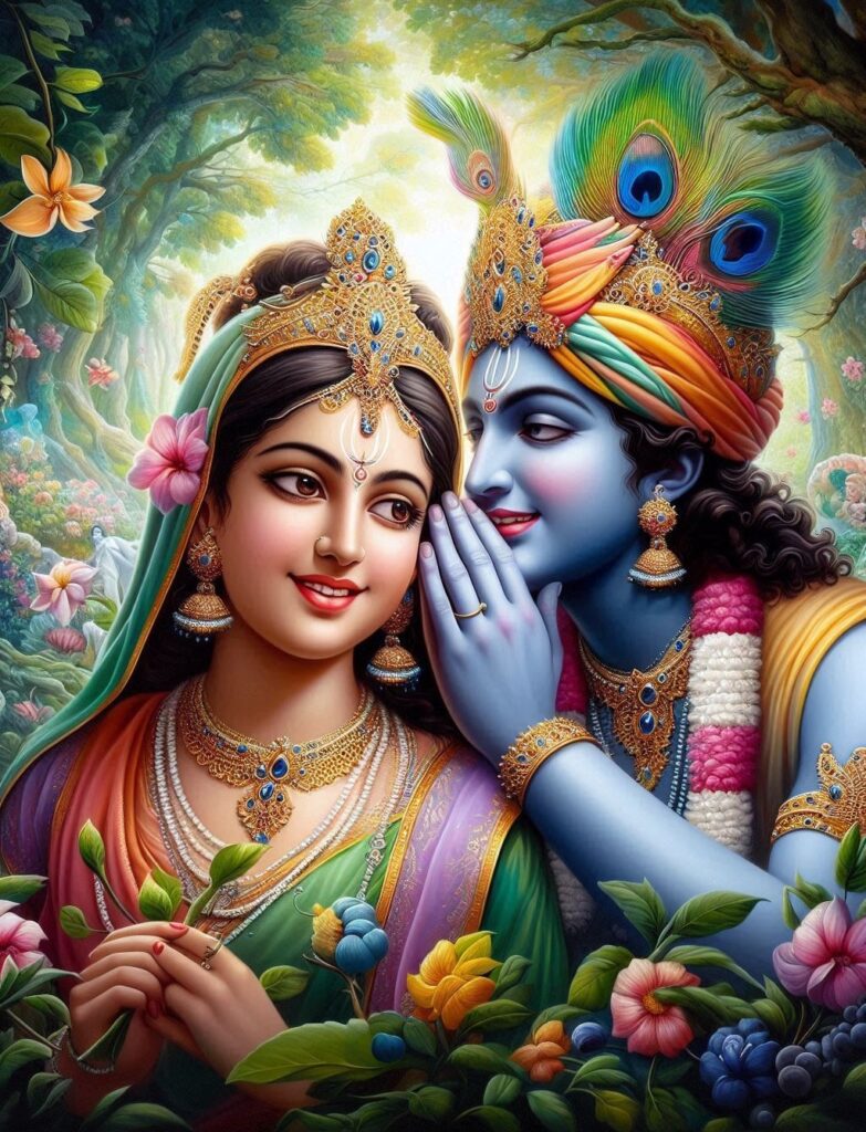 lord radha krishna wallpaper - Lord krishna is whispering something in Radha's ear. flowers are blooming around them.